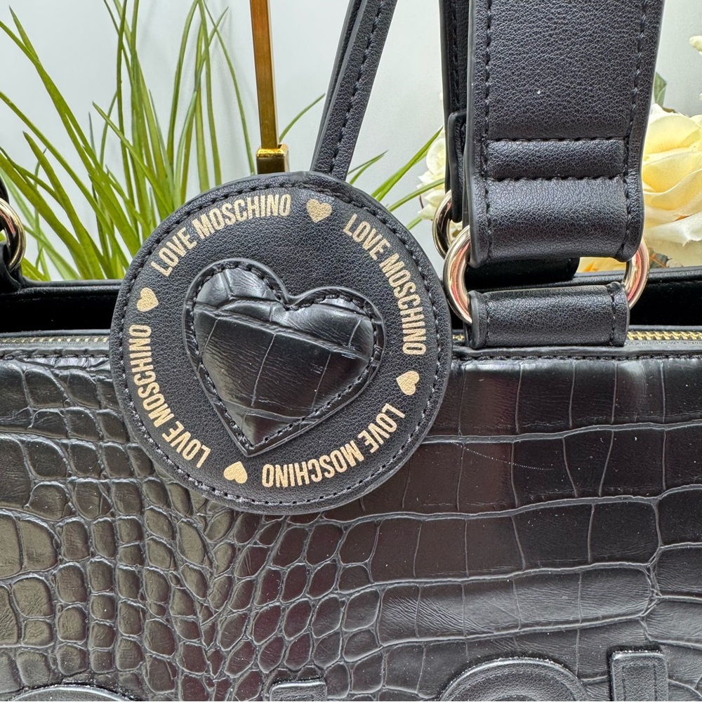 Love Moschino Black Croc Embossed Tote Bag with Mirror Heart Charm - Picture 4 of 10